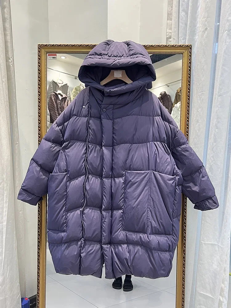 Veste longue en duvet de canard blanc avec capuche pour femme, manteau surdimensionné, vêtements d'extérieur chauds, grandes poches, style coréen, automne, hiver