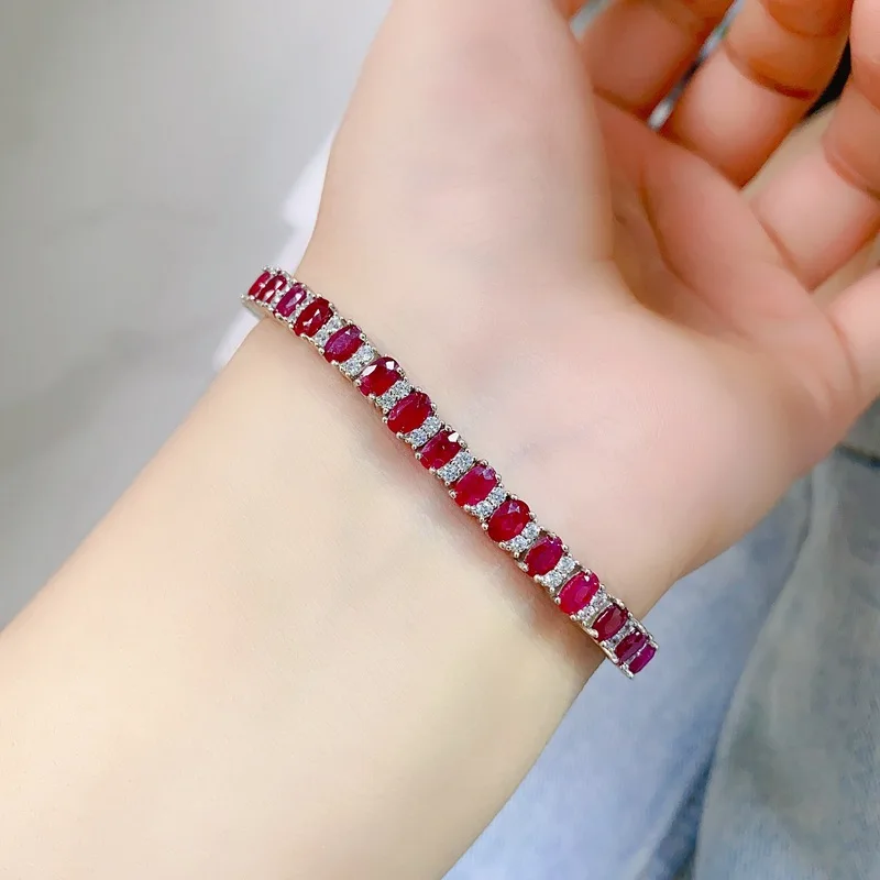 

925 Silver Full-Set Natural Ruby Bracelet, AAA Gemstone Chain with Certification, Luxury Red Jewelry for Women