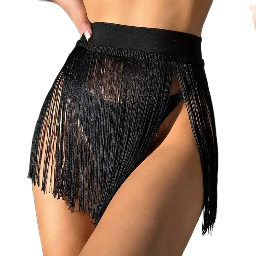 Boho Fringe Beach Cover Up for Women - High Waisted Tassel Mesh Black Mini Skirt Rave Sheer Dress Festival Outfit