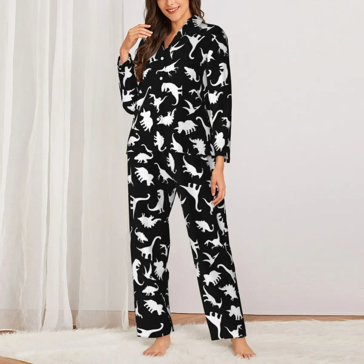 White Dinosaur Print Sleepwear Autumn Funny Animal Casual Oversized Pajama Set Womens Long Sleeves Cute Sleep Design Nightwear