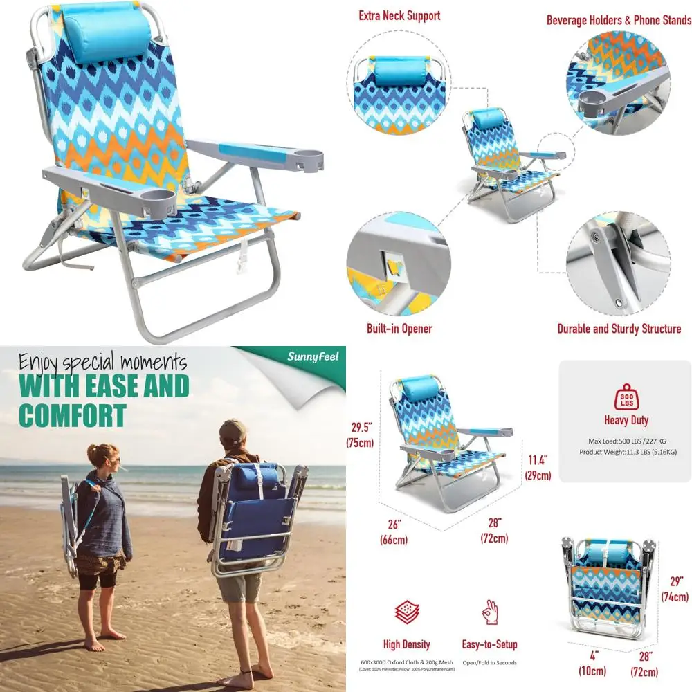 

Extra Wide 28 Low Beach Chair with 5 Positions, XL Portable Folding Camping Chair, Cup Holder Included