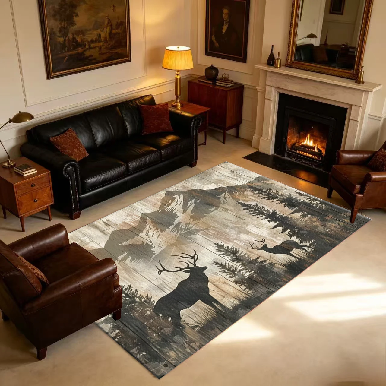 Rustic Wood Mountain Deer Forest Wildlife Carpet Flooring Non‑Slip Nature Style Area Rug for Cabin Living Room Bedroom Home Decoration view 2