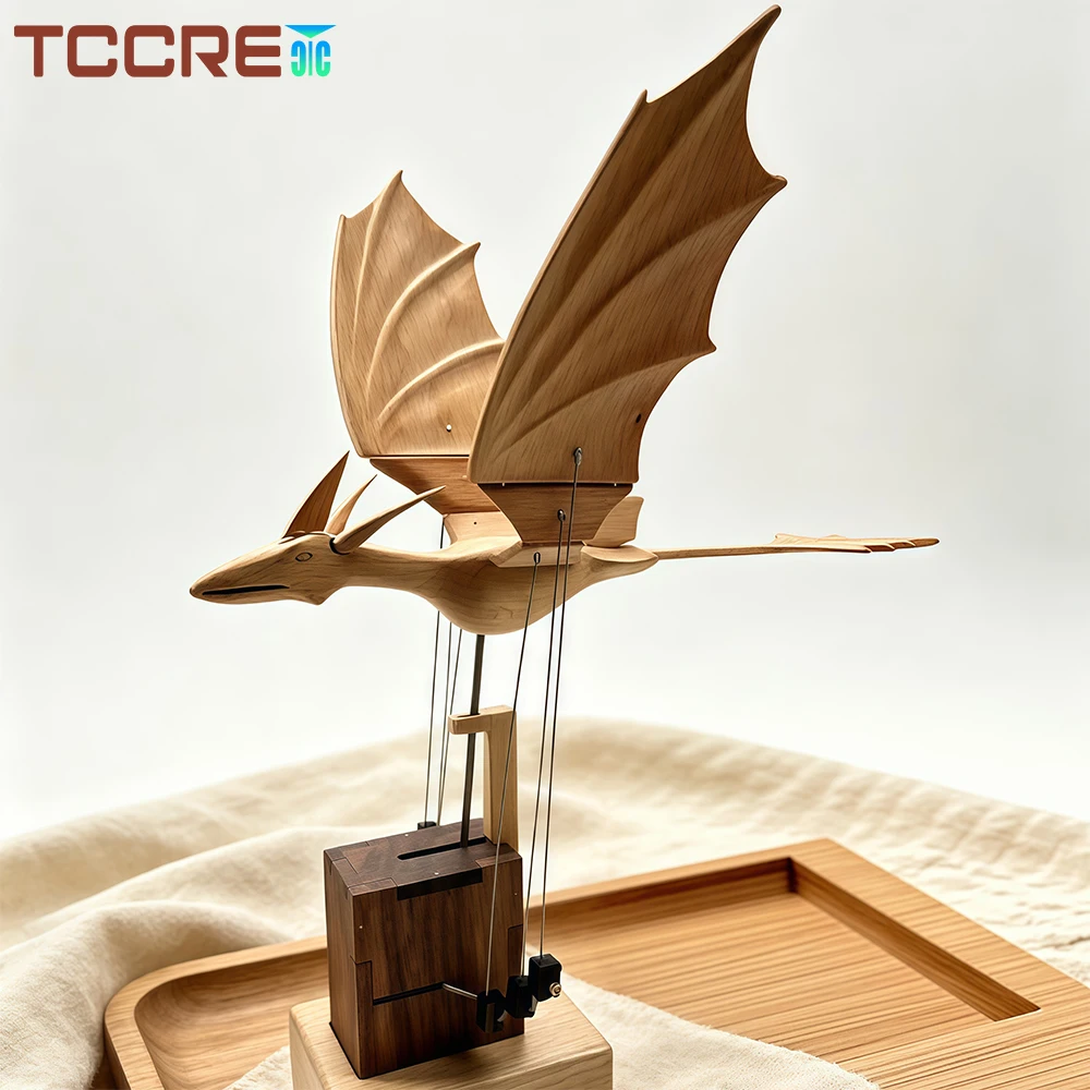 Wooden Dragon Model, Handmade Electric Western Mythical Animated Flying Creature with Moving Panels Desktop Decor Ornament