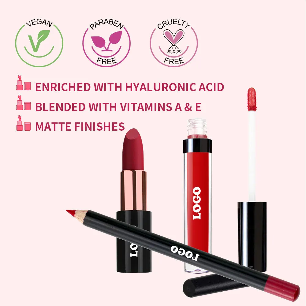 3 in 1 Matte Lipstick Lip Tint Liner Non-stick Cup Long Lasting Waterproof Lipstick Lip Makeup Kit Private Label Vegan Cosmetics