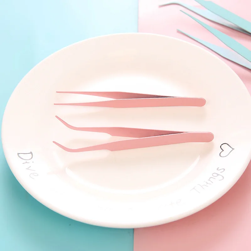 2PCS Macaron Tweezer Set Straight Bent Pointed Stainless Steel Clips Suitable for DIY Scrapbooking Stickers Eyelash Extension