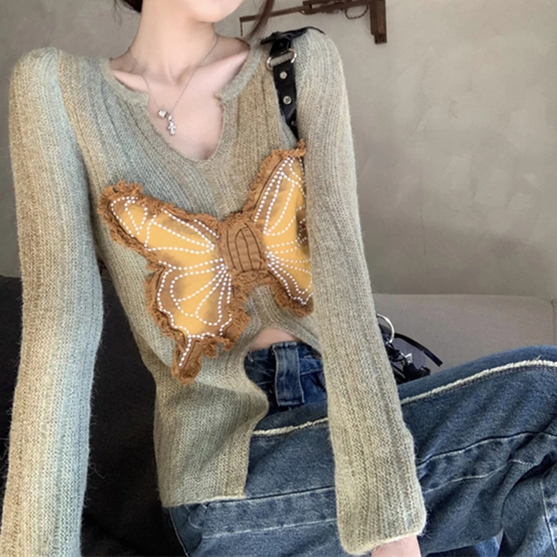 

Fashion Split Slim Tops Pullovers Women's Clothing Long Sleeved Knitwear Retro Butterfly Design Y2k Sweater Chic