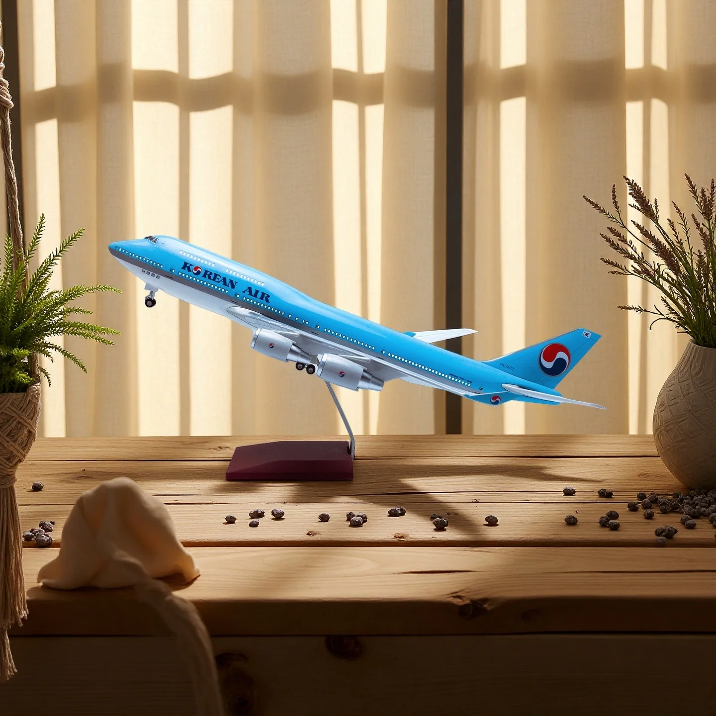 47 سنتيمتر نموذج طائرة لعب الطائرة 1:150 نموذج طائرة الخطوط الجوية الكورية b747 نموذج طائرة أطقم مع ضوء LED (اللمس أو التحكم الصوتي)