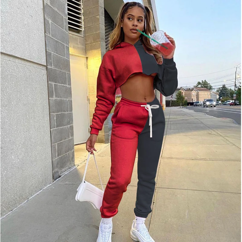 2-piece Women's Fleece Tracksuit Splicing Sportswear Long Sleeve Sweater Casual Sweatpant Sports Suit Gym Clothing Set