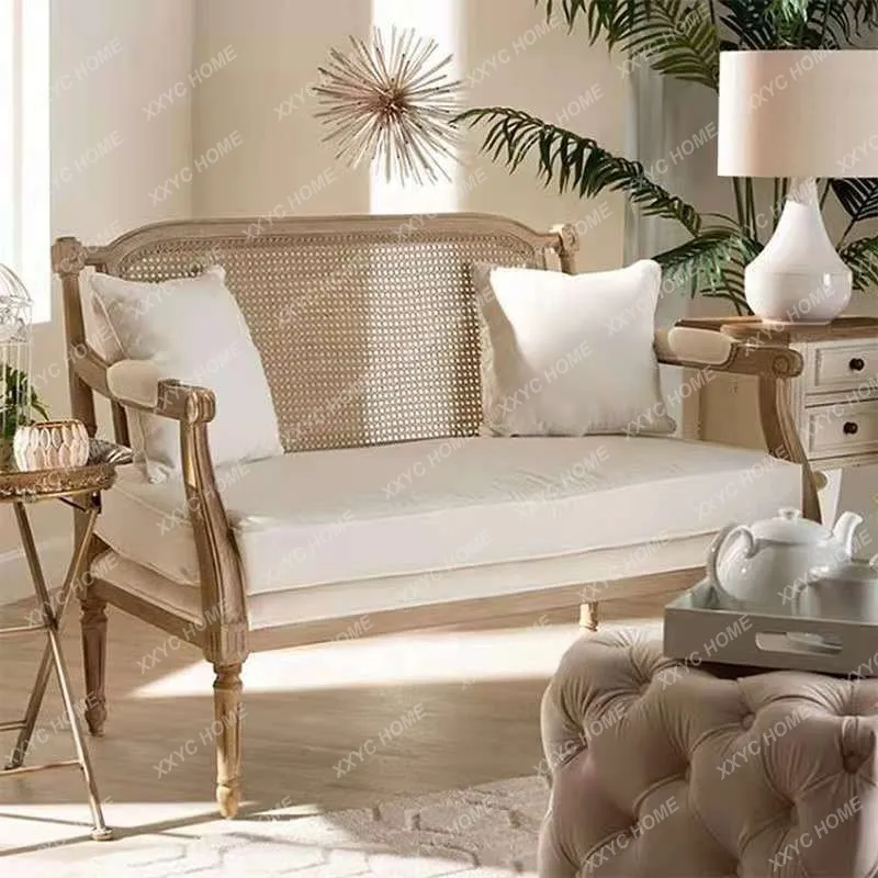 Solid Wood Rattan Sofa Retro Distressed Single Leisure Chair Living Room and Hotel Villa