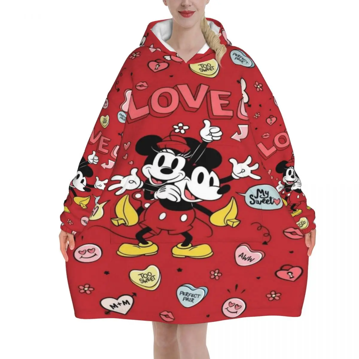 

Носимое одеяло большого размера с Микки Маусом и Минни, подарки для женщин и мужчин, ультрамягкие плюшевые теплые толстовки, одеяла с карманом