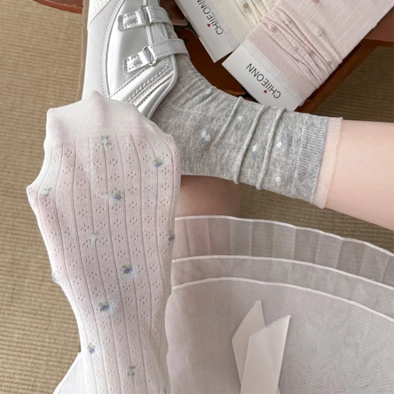 1 Pair INS Korean Spring Summer New Floral Print Lace Trim Mid Calf Socks Women Ins Style Breathable Thin Casual Versatile