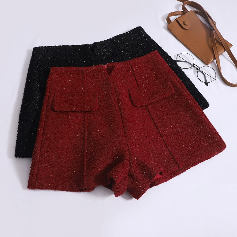 

Retro Versatile Brilliant Silk Thick Tweed Shorts Women 2024 Spring New Fashion High Waist Slim Wide Leg Short Pants