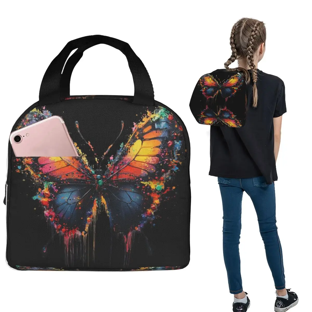 Vibrant Graffiti Butterfly Design Insulated Lunch Bag for Women Kids Portable Food Boxes Thermal Lunch Box Tote