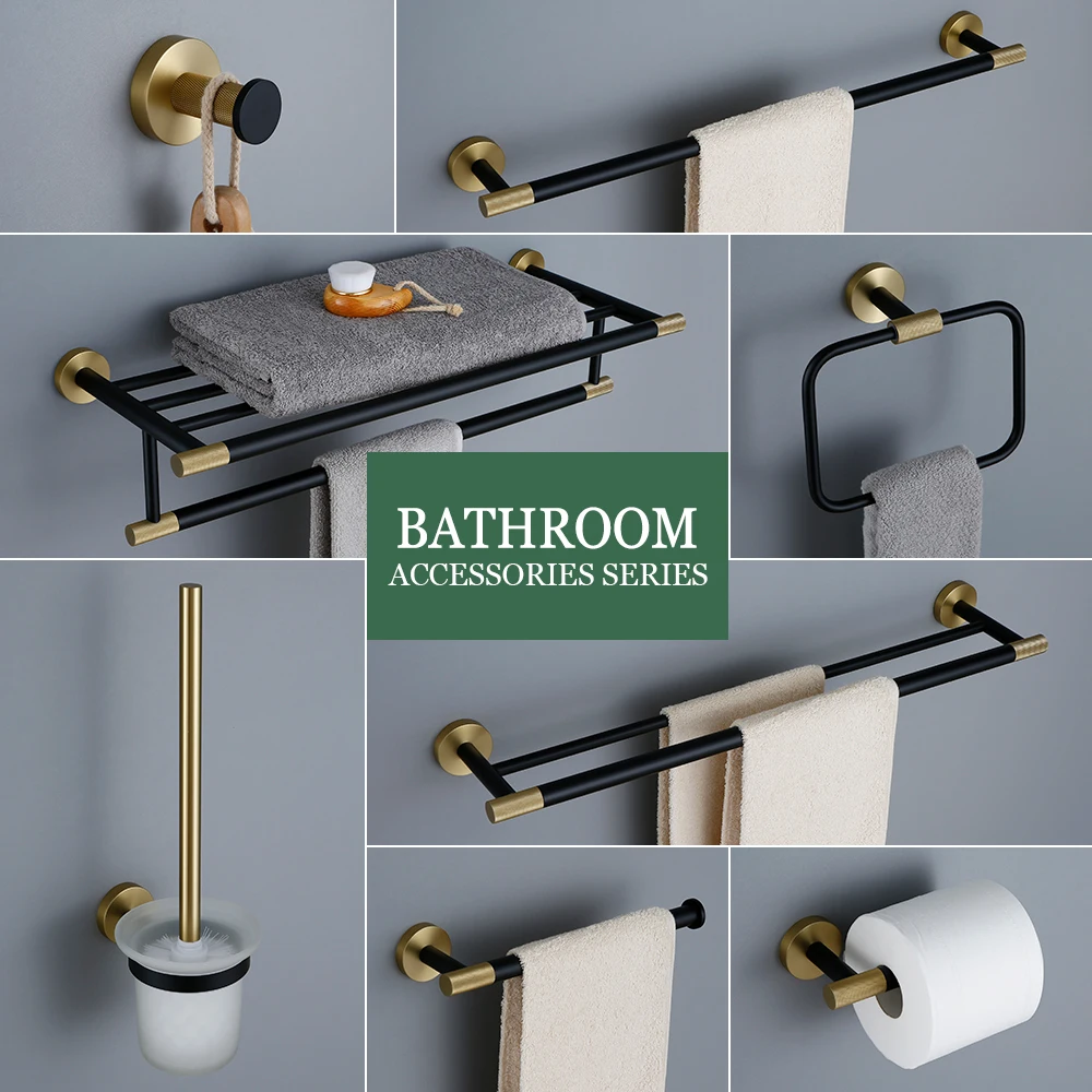 

Towel Bar Wall Mounted Towel Rack Brushed Gold Paper Holder& Matte Black Hook Knurled and Combined Colors Toilet Brush Holder