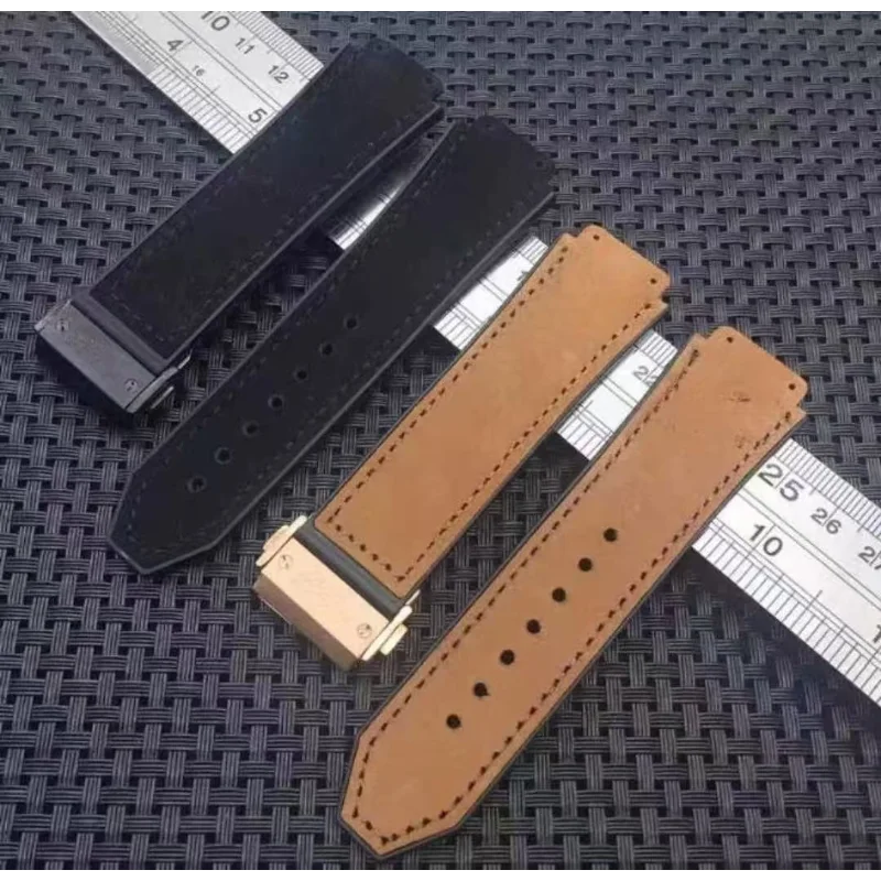 For Hublot Yubo Classic Fusion Big Bang Convex Interface Folding Buckle Frosted Leather 26x19mm Silicone Underskin Watch Strap