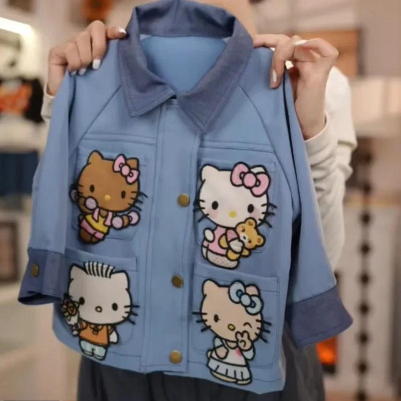 Sanrio Hello Kitty 2025 New Loose Jacket Top Foreign Style Girl Spring and Autumn Contrasting Color Denim Blue Coat Holiday Gift