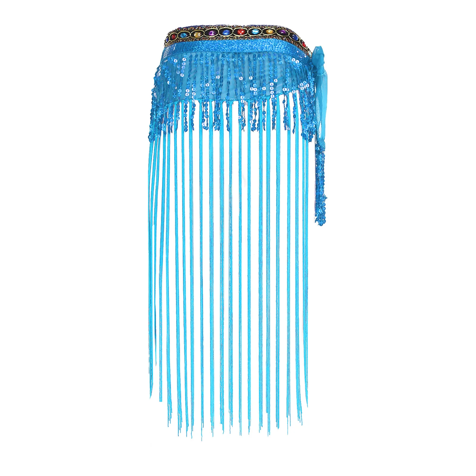 Womens Belly Dance Costume Fringed Hip Scarf Colorful Gem Decor Waistband Tiered Sequin Tassel Waist Chain Skirt for Dancing