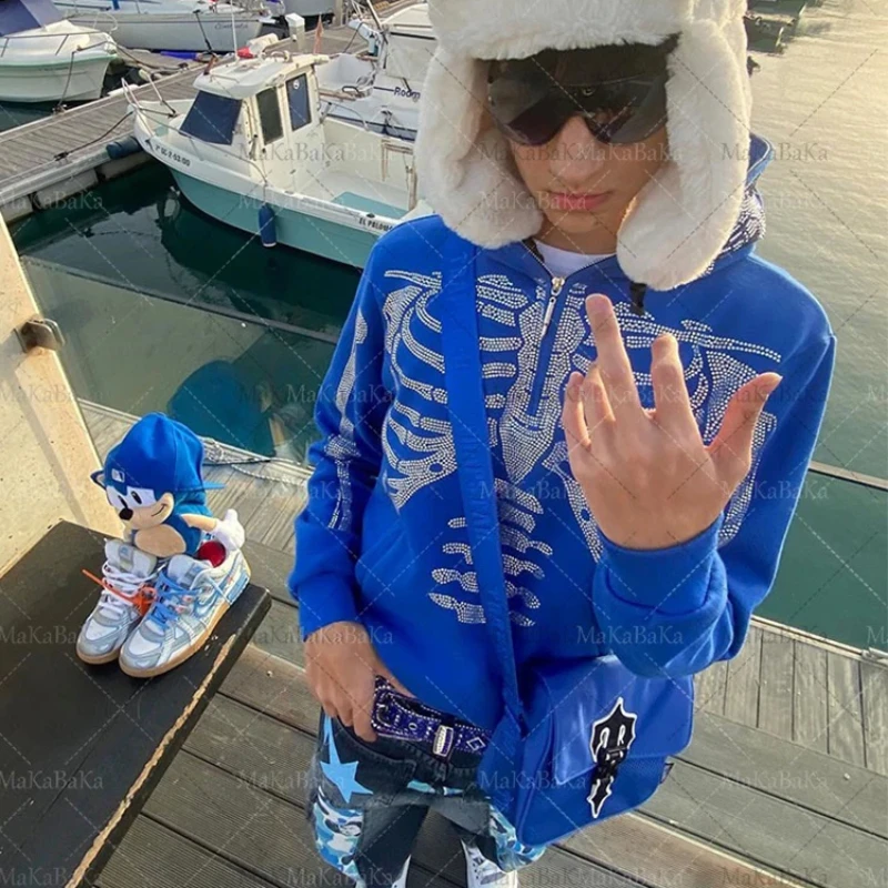 

BIG PROMOTION Y2K Europe and America Autumn and Winter Loose Coat Top Men's Skull Hot Diamond Print Long Sleeve Hooded Sweater