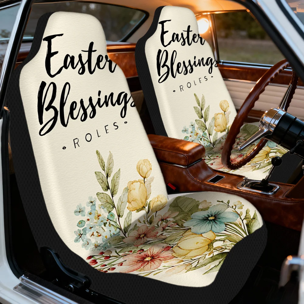 2pcs Easter Blessings Floral Bouquet Design Car Seat Covers | Lightweight And Durable, Universal Fit, Stylish Upgrade, Polyester
