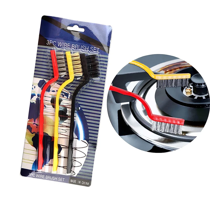 3Pcs Nylon Steel Wire Copper Wire Cleaning Brush Set, Long Handle Reusable Gap Cleaner For Dead Corner, Kitchen Stove Cooktop Cleaning, Household Cooking Tool For Family, Multifunctional Scrub Brush Kitchen Utensils