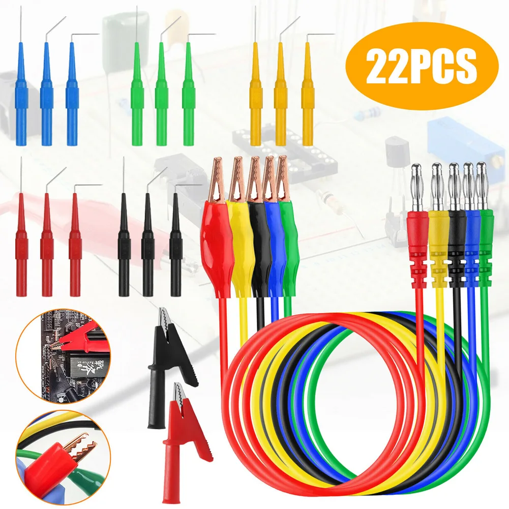 

22Pcs Back Probe Kit Multimeter Test Lead 4mm Banana Plug to Alligator Clip Clamp Test Cable Wire Automotive Professional Parts