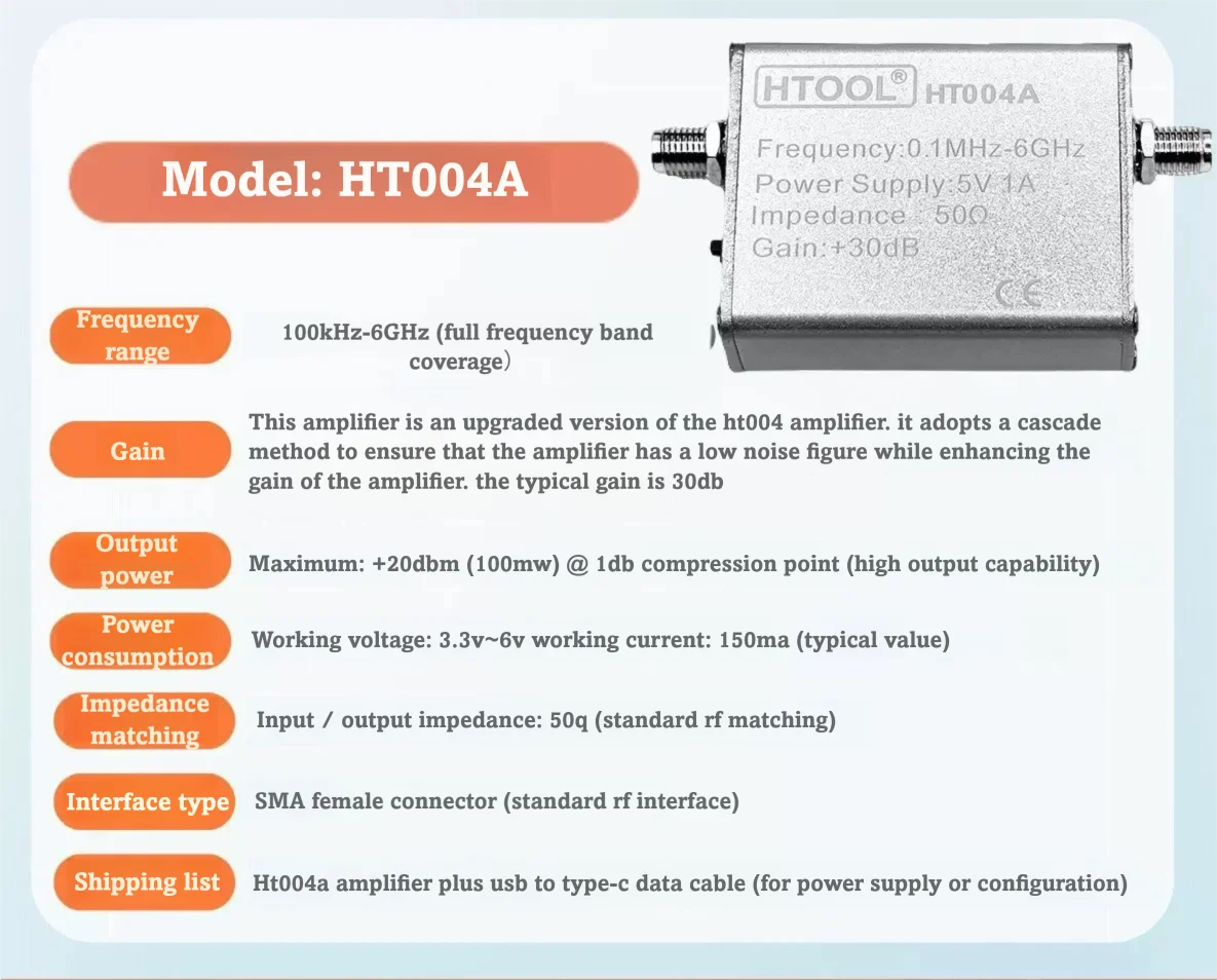 HTOOL HT004/HT004A Geräuscharmer Verstärker 100kHz-6GHz Breitband-Signalverstärker LNA 20dB 35dB Verstärkung Vorverstärker für Autoradio GPS SDR – Detail 8
