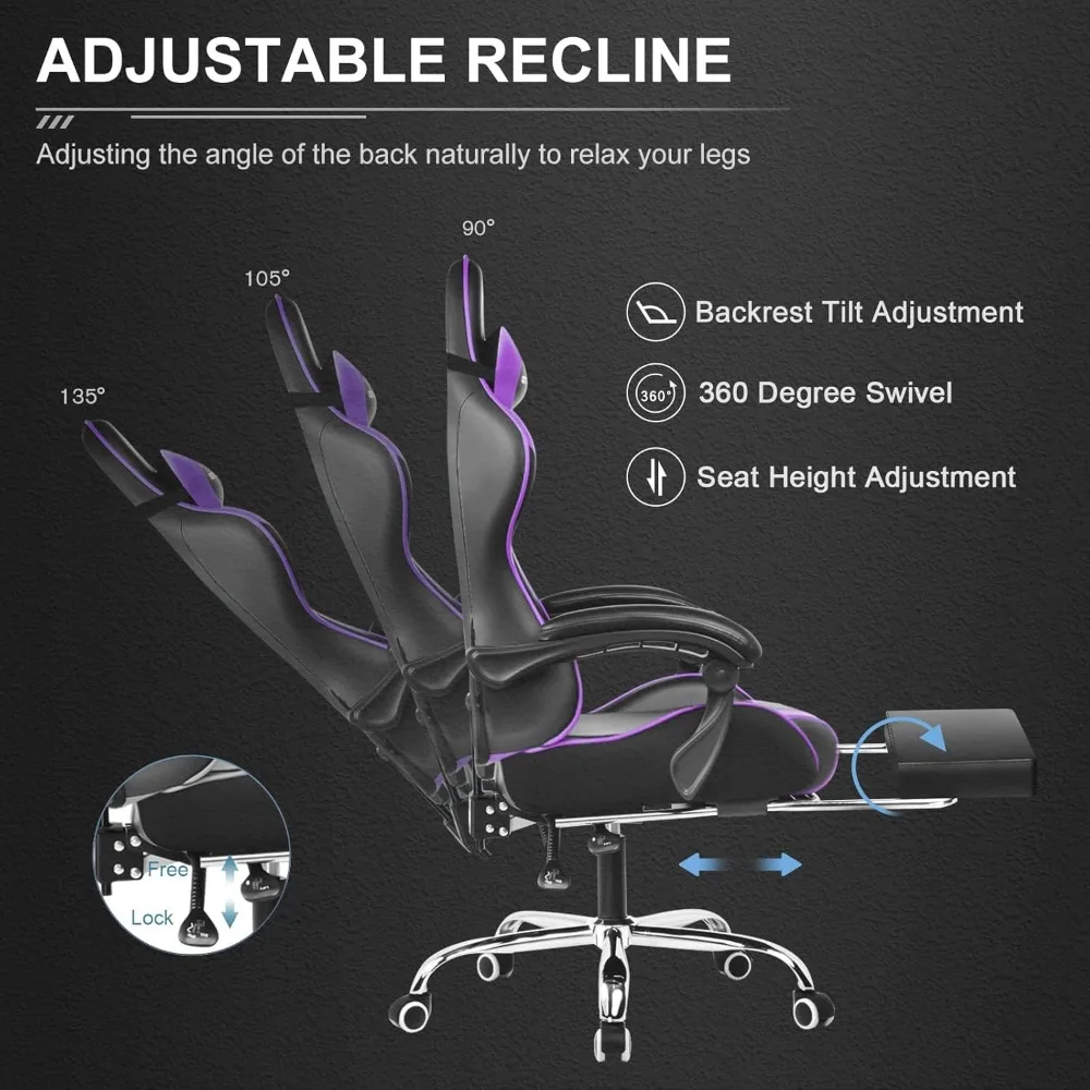 Gaming Chair,with Footrest and Lumbar Support, Height Adjustable Game Chair with 360°-Swivel Seat and Headrest and for Office