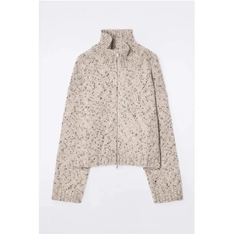 カジュアルウールテクスチャジッパーニットセーターコート CS Sle レディースファイオン秋アウターウェアロングスベ暖かいレギュラーフィット