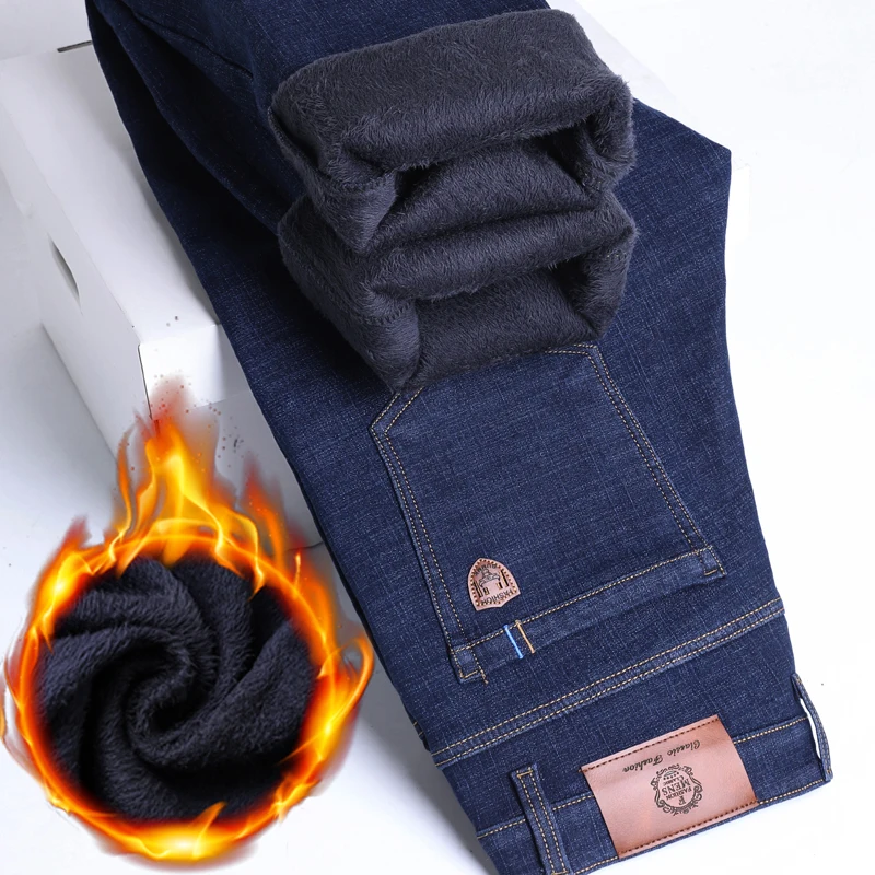 

Зимние вельветовые джинсы для мужчин, брендовая одежда, флисовые брюки, эластичные утепленные теплые прямые мужские модные плюшевые джинсовые штаны