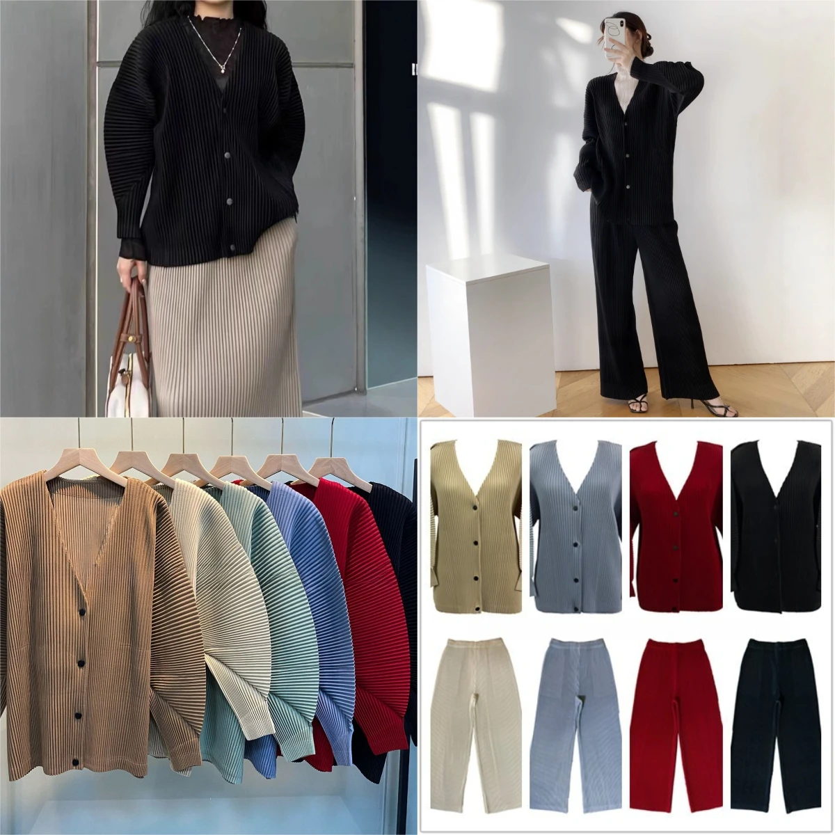 

Miyake Pleated Pleated 2025 Wrinkled Suit Women V-neck Loose Casual Long-sleeved Jacket Straight Wide Leg Trousers Two-piece Set