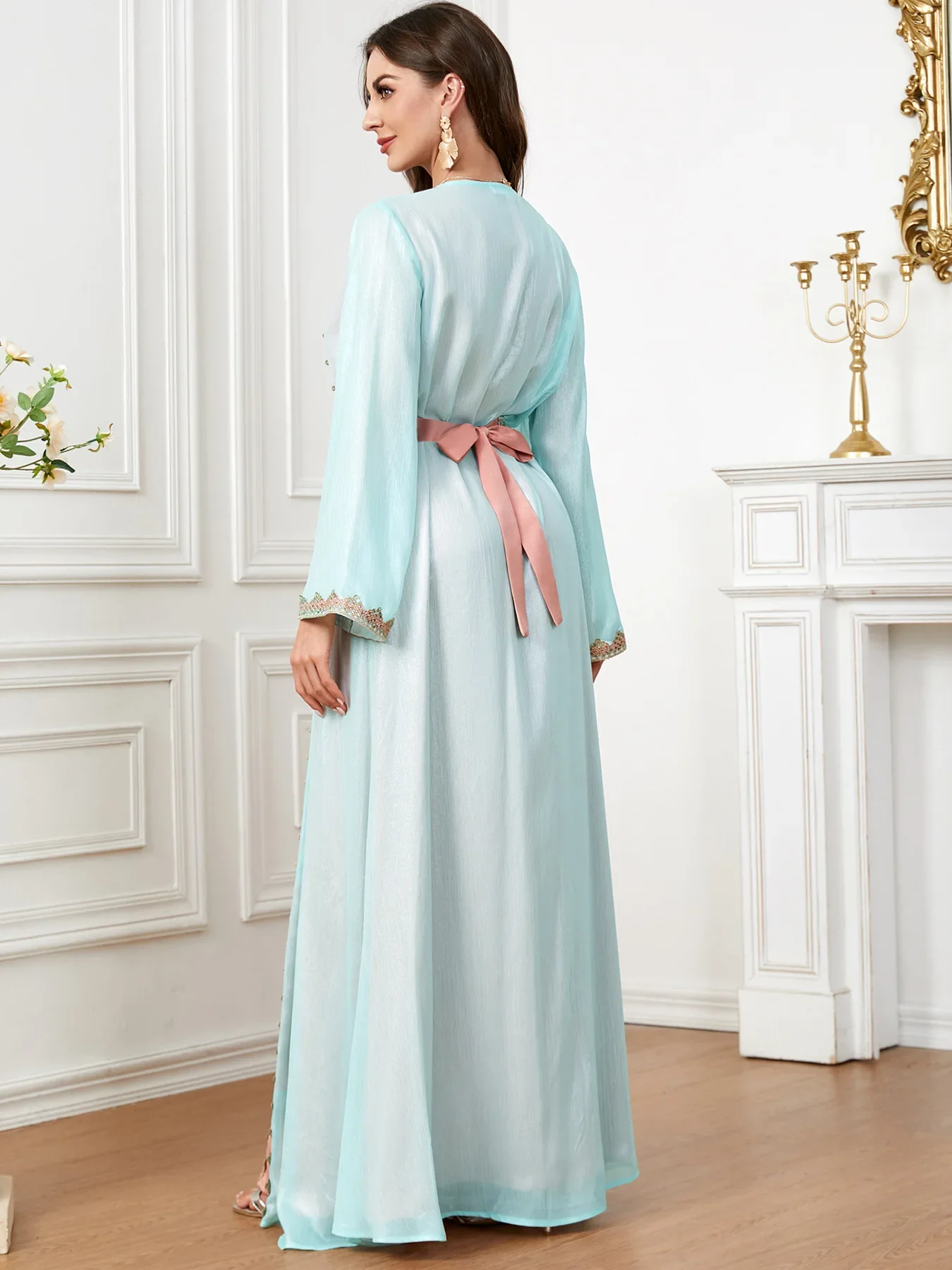 Muslim Two Piece Dress Women Party Abaya Ramadan Moroccan Kaftan Cardigan Robe Suit Jalabiya Eid Vestidos Dubai Abayas Dresses