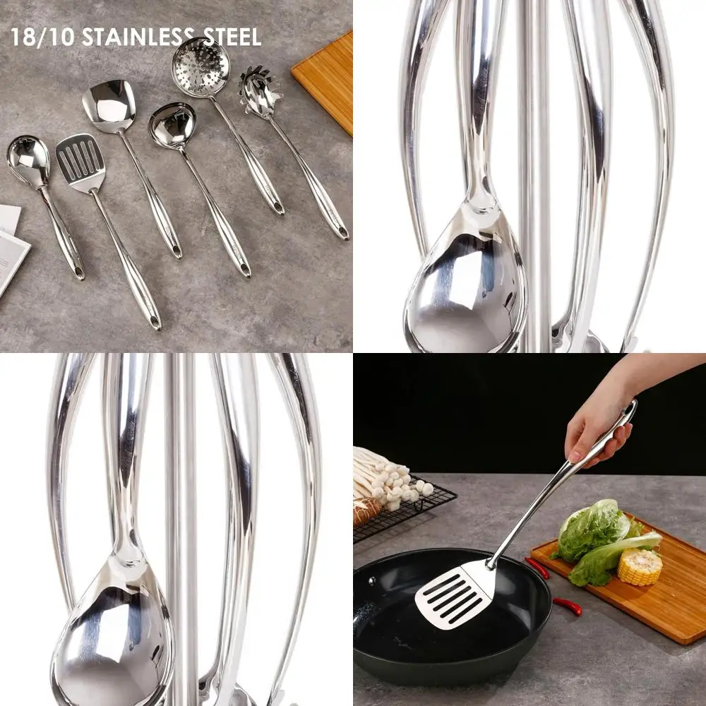

7-Piece 18/10 Stainless Steel Kitchen Utensil Set with Rotating Stand: Spatula, Ladle, Skimmer, Turner, Pasta Fork, Large Spoon