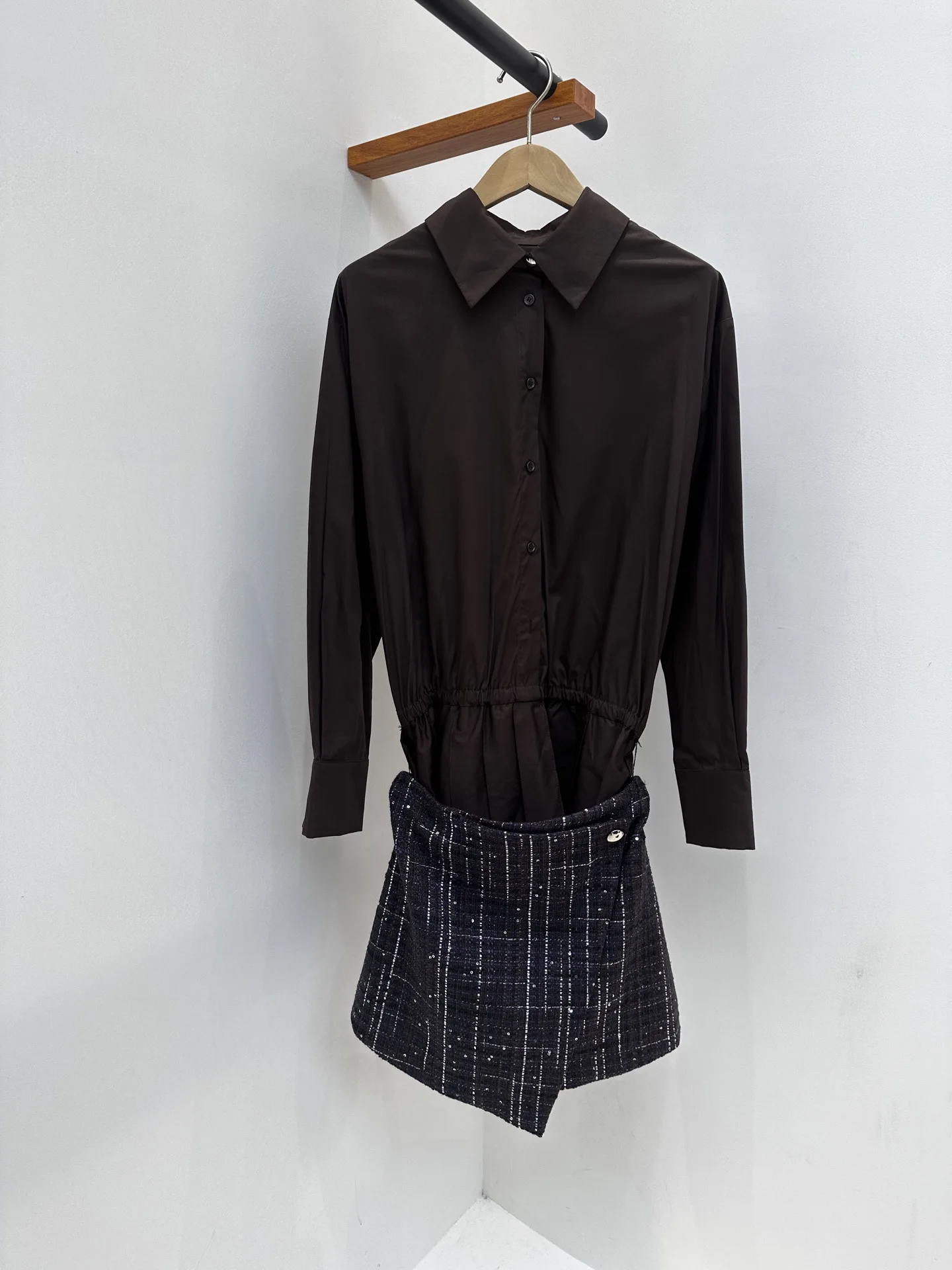 

Women Two Piece Shirt Dress Set 2026 Spring New Turn-Down Collar Single Breasted Blouse Detachable Belt Retro Tweed Skirt
