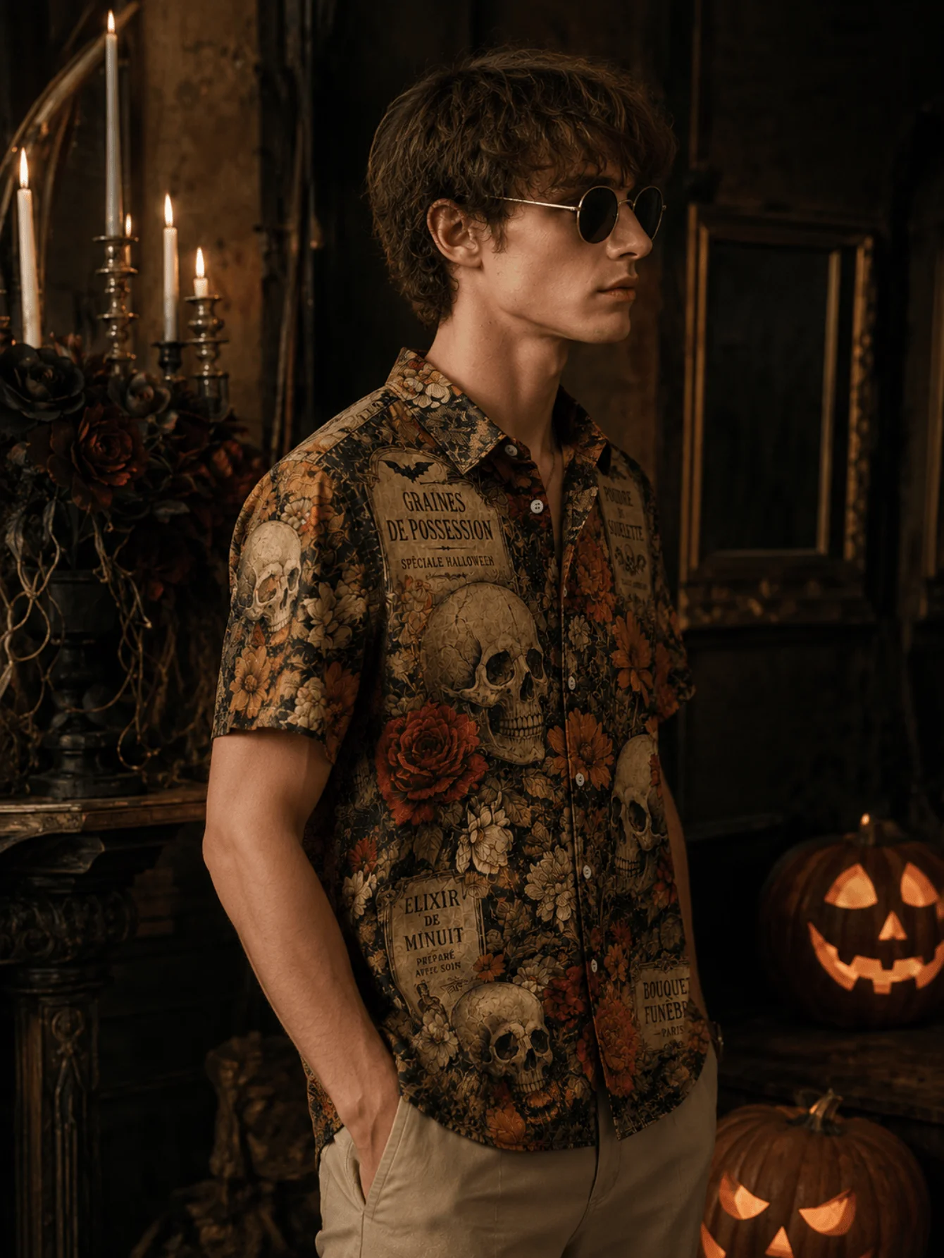 Men's short sleeve button shirt random skull floral halloween print lapel hawaiian top retro goth for party festival daily wear