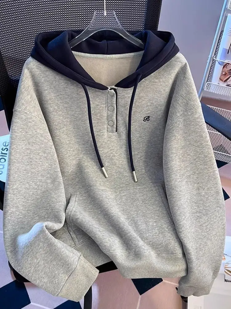 

Hooded Sweatshirt Women's Thickened Fleece Loose Slimming Autumn Winter Coat Korean Style Long Sleeve Button Splice Letter Pa...