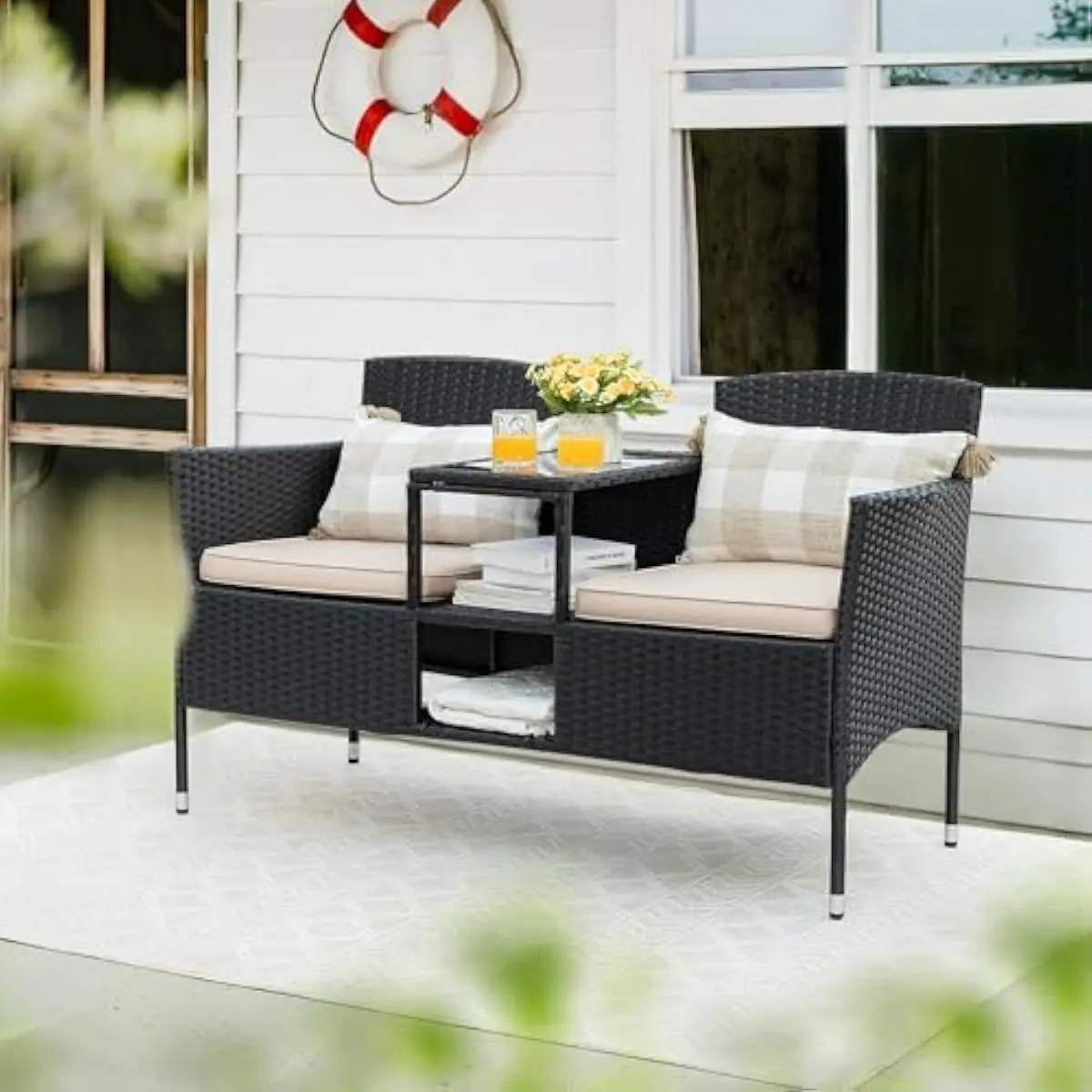 Weatherproof PE rattan loveseat with ergonomic curved backrest and armrests 300 lb steel frame integrated tempered glass tableto