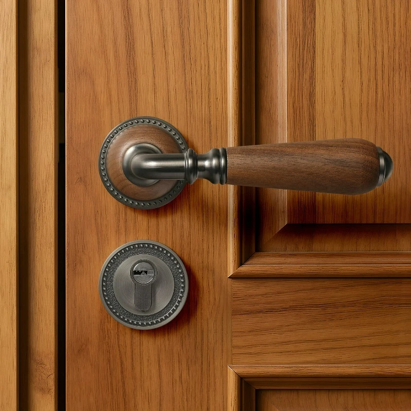 

Vintage Copper Walnut Wood Handle with Antique Style Bedroom Door Lock, Universal Silent Door Lock