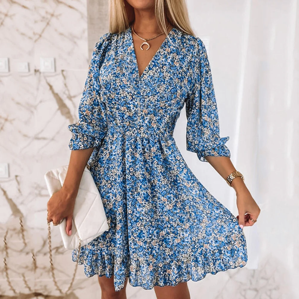 Bohemian Flower Mini Dress Women V Neck Short Sleeve Print Floral Party Dress Pullover Summer Short Boho Dress