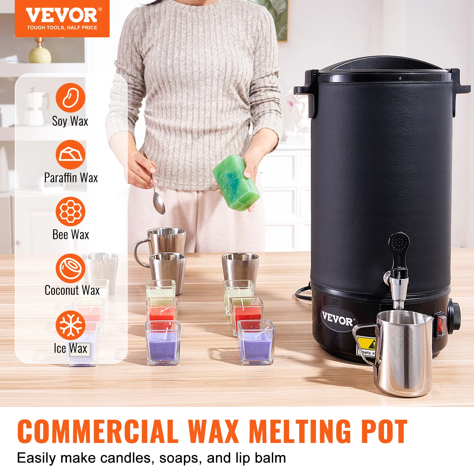 Vevor 5/10l Wax Smelter Voor Kaars Maken, Extra Grote Elektrische Wax Smeltkroes, W/Easy Pour Tuit & 9Level Temp Control, Gemakkelijk Schoon Te Maken