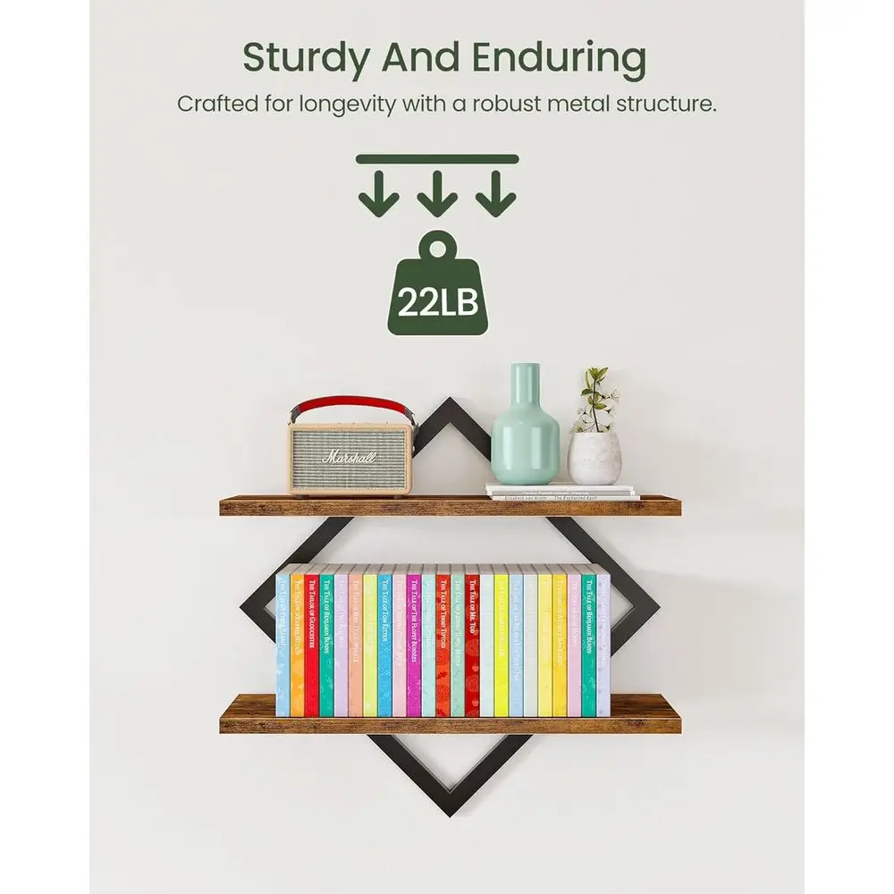 2-Piece Rustic Brown Floating Wall Shelves, Dual-Tier for Home, Office, and Kitchen