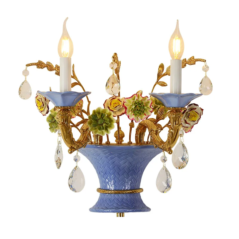 

European retro all-copper ceramic flower wall lamp French court bedroom background wall bedside wall study aisle crystal