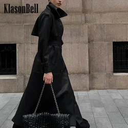 8.4 KlasonBell Women Street Lapel Collar Double Breasted Trench Fashion Vintage Epaulet With Belt Genuine Leather Long Coat