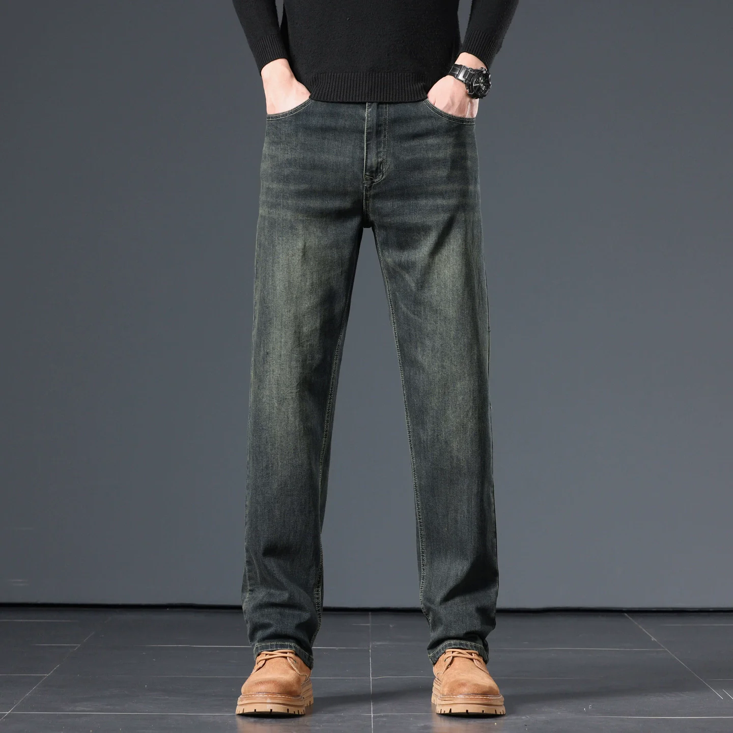 

High Waist Classic Straight Loose Fit Men's Jeans Stretch Denim Blue/Gray Male Pants Trousers for Spring Autumn Size 42