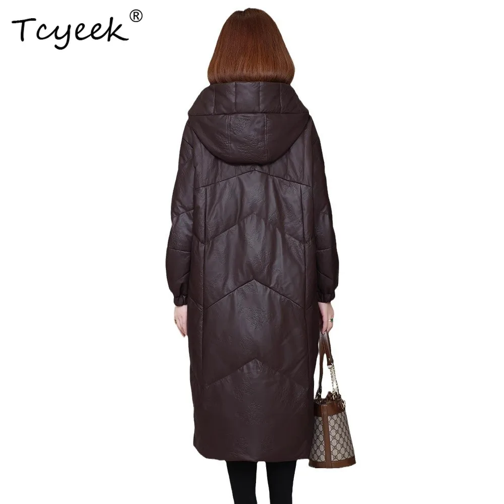 Tcyeek جلد الغنم الحقيقي الأبيض أوزة أسفل الخريف الشتاء مقنعين متوسطة الطول المرأة سترة جلدية حقيقية Жensarska Kostangnya Kursatka