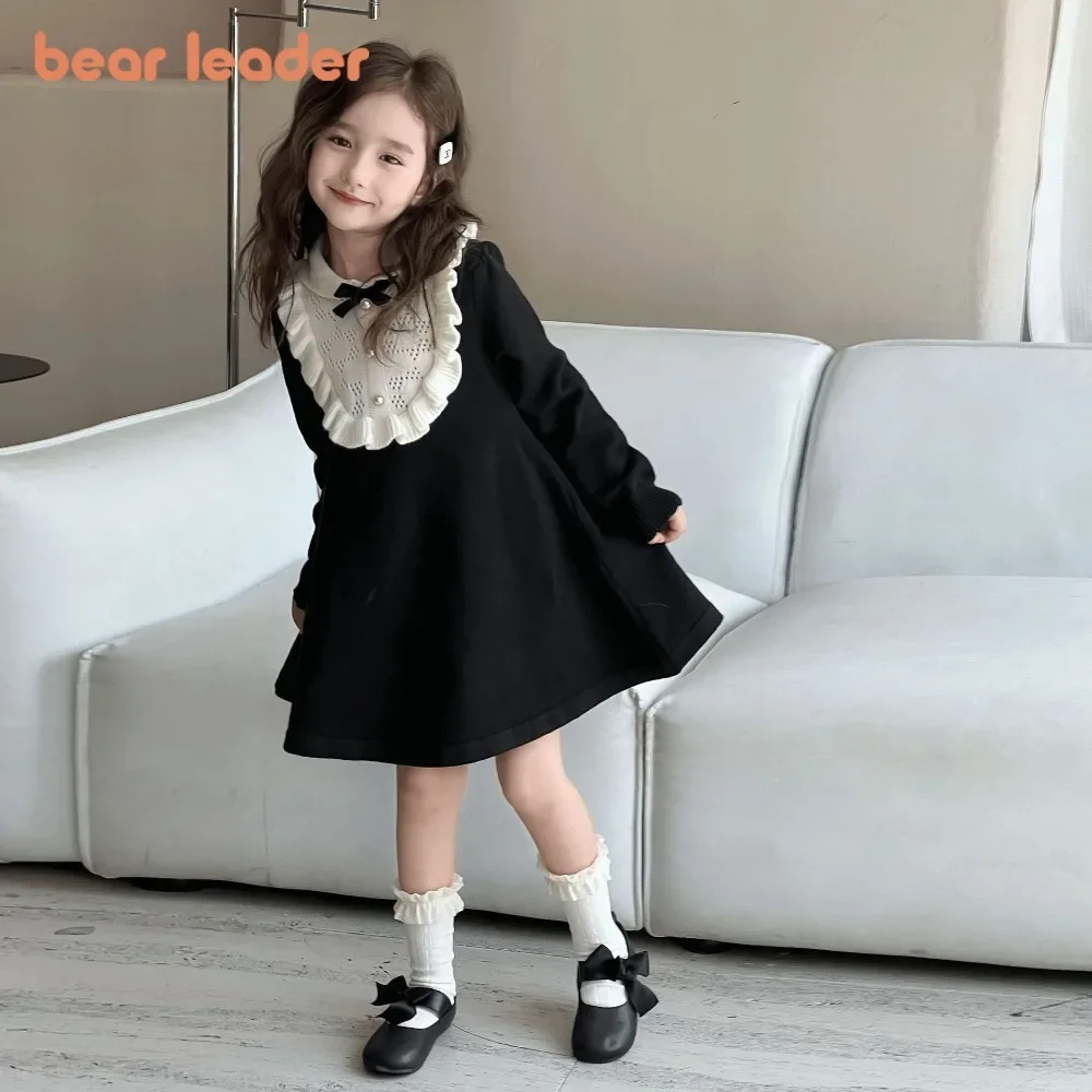 

Bear Leader 2025 Autumn and Winter Fashion New Bow Decoration Girls' Knitted Dresses Color Blocked Long Sleeved Princess Dress