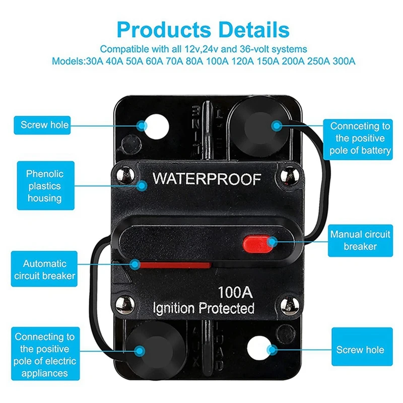 3X Waterproof Circuit Breaker,With Manual Reset,12V-48V DC,100A,For Car Marine Trolling Motors Boat Power Protect