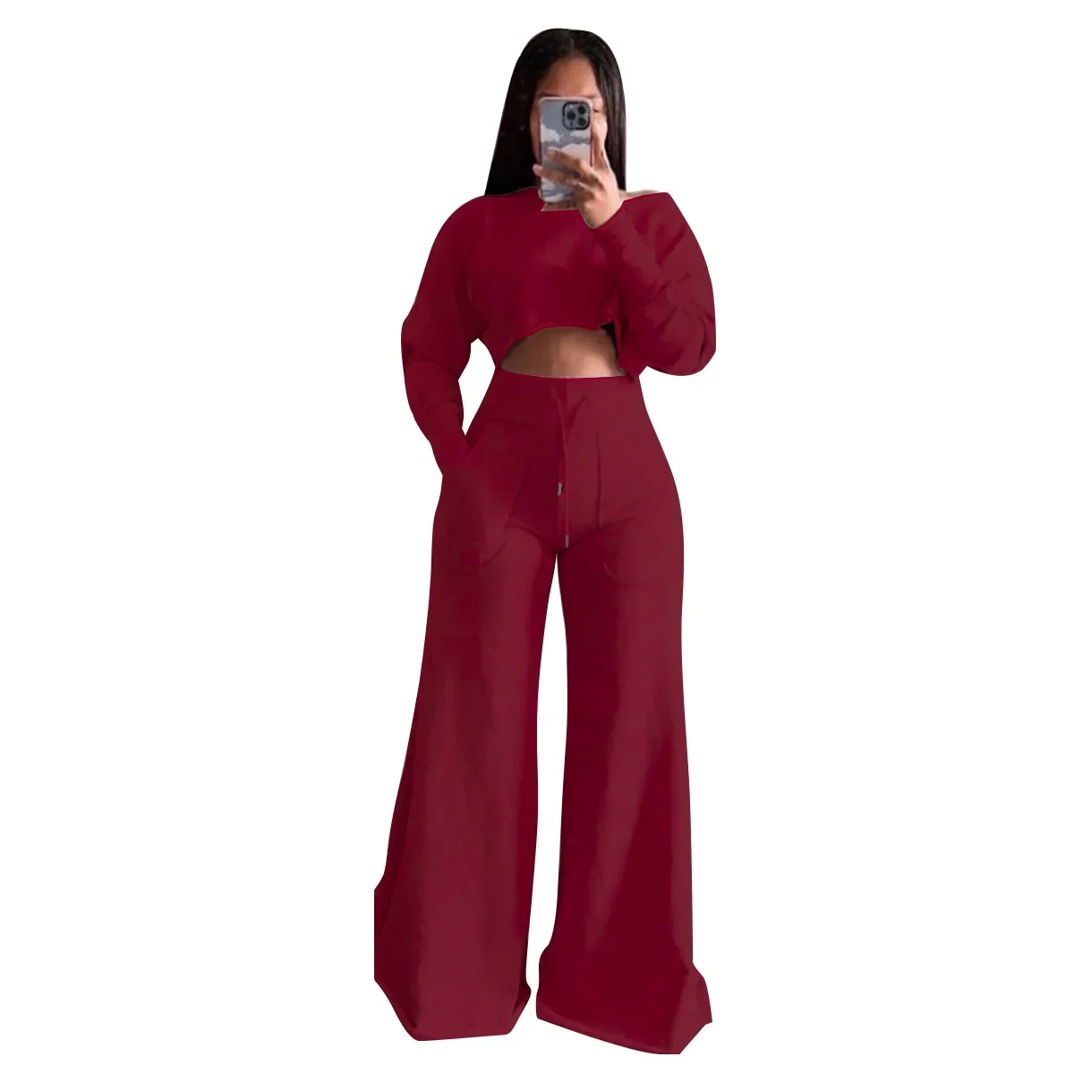 Women Pant Set Two Piece Sets Round Neck Full Sleeve Casual Loose Elegant Splice Tops Wide Leg Long Pants High Elastic Waist