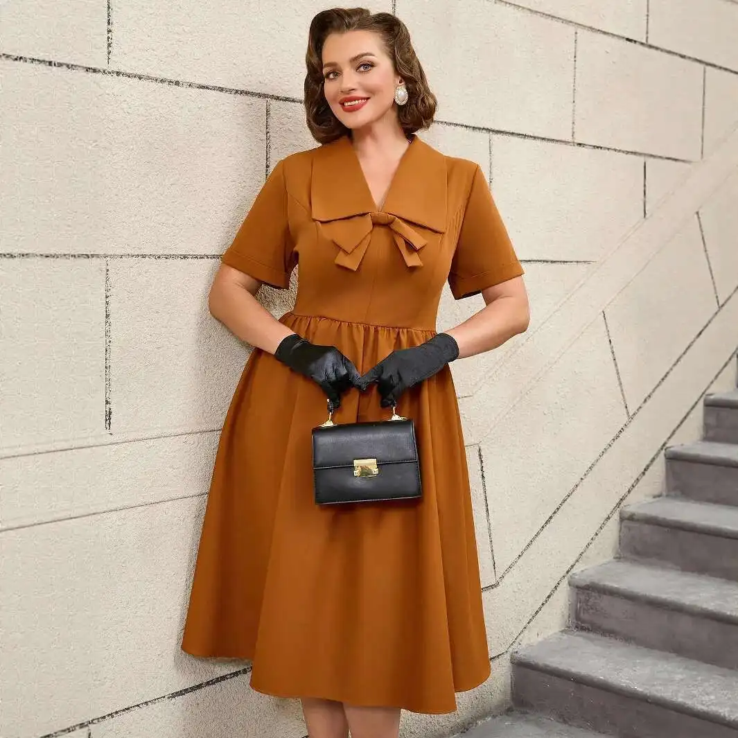 

Plus Am 050304 Size Dress with Turn-down Collar, Tie Strap, Bow Decoration, A-line Dress Summer Dress Robe Vestido Women Party
