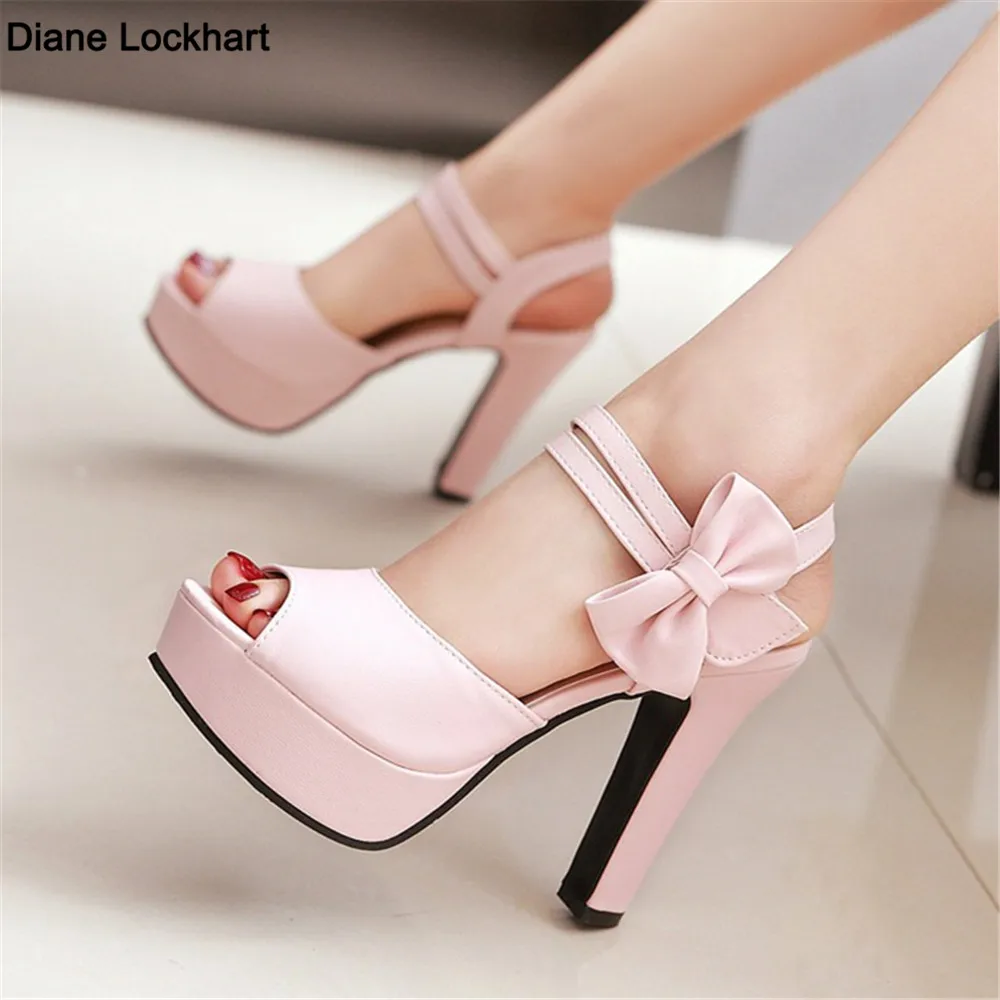 Sweet Bowtie Women Platform Sandals High Heel Peep Toe Pink Black PU Casual Office Lady Ankle Strap Party Dress Shoes Sandalias