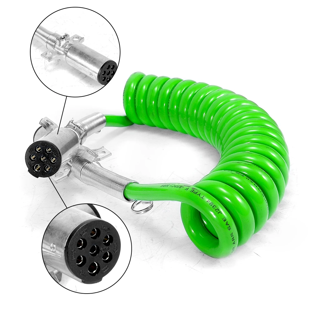 ABS Heavy Duty 7-Way Coil Trailer Cord 15 FT Green Electrical Power Coil Spiral Trailer Cord